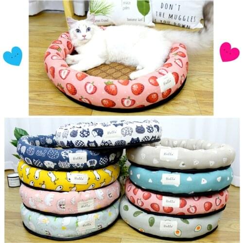 Pet Cushion Dog Cat Bed Summer Breathable Cooling Mat Japanese Style Round Beds For Cat Small Medium Dogs Puppy Sleeping Kennel