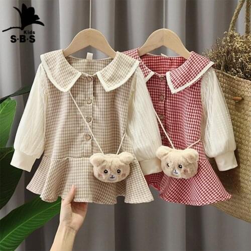Girls Spring Fashion Casual Dress 2021 Children Long-sleeved Plaid Princess Dress with Free Bear Decoration Pendant