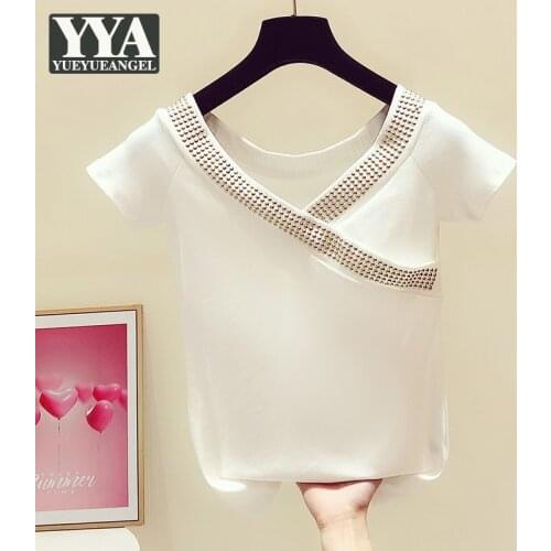 Women Summer Short Sleeve Sexy V Neck Tees Tops Ladies Casual Slim Fit Rivets Beading T-Shirt Streetwear New Pullover Top White