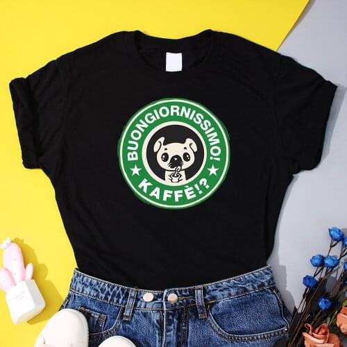 Kawaii Coffee Dog Graphic Women T-Shirt Buongiornissimo Letter Printed T Shirts Harajuku Casual Lady Tee 2021 Summer Cotton Tops