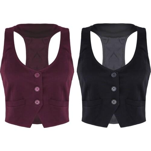 Womens Fashion Button Down Fitted Racer Back Classic Vest Shirts Separate Waistcoat Costumes Tanks for Ladies Official Clothing