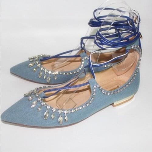 Spring newest denim blue lace-up flat shoes pointed toe bling bling crystal woman dress shoes back zip flat shoes