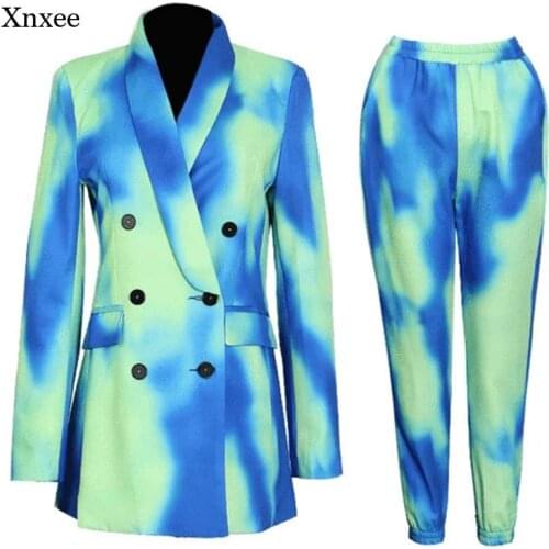 Tie-Dye Print 2 Piece Suit Elegant Personality Color Women Set Blazer High Waist Harem Pants Party Runway Autumn Fashion Outfit