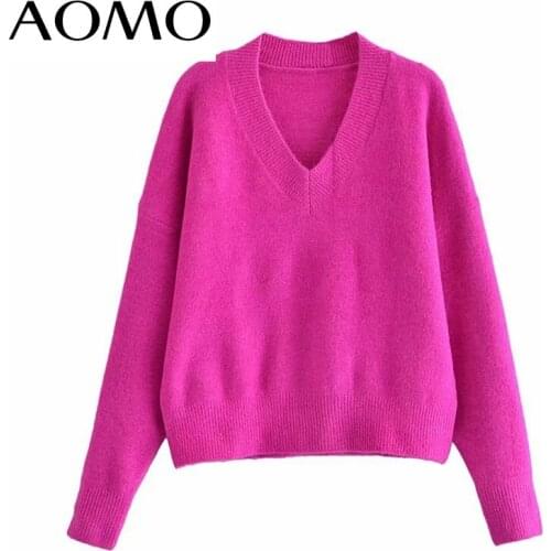 AOMO Women Warm Thick Hotpink Oversized Knitted Sweater Jumper Long Sleeve Female Pullovers 3H285A