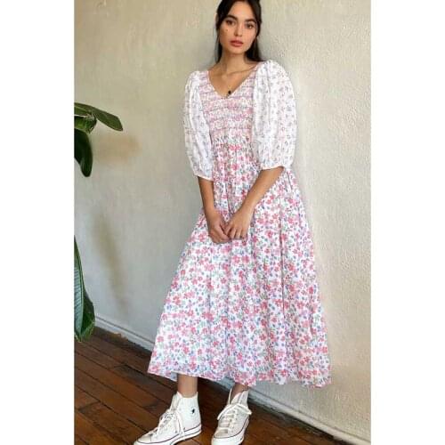 BOHO INSPIRED shirred Multi floral Dress for women puff sleeve ruched bust summer dress cute ladies party dress 2021 women dress