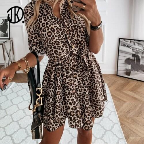 Vintage Leopard Print Half Sleeve Dresses For Ladies Autumn Buttons Chiffon Shirt Dress With Belt Femme Daily Casual Vestidos XL
