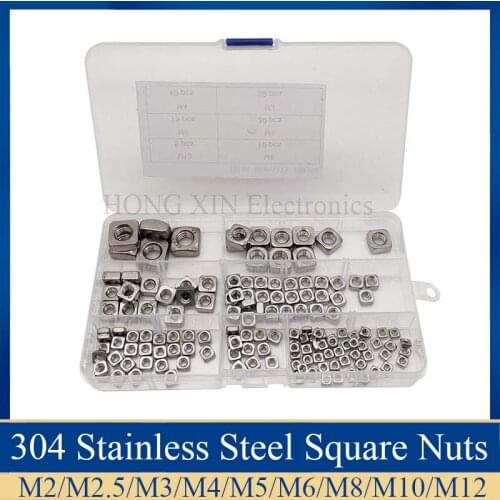 150pcs Square Nuts Assortment Kit 304 Stainless Steel M3 M4 M5 M6 M8 M10 Square Nut Metric Set Four-sided Nuts