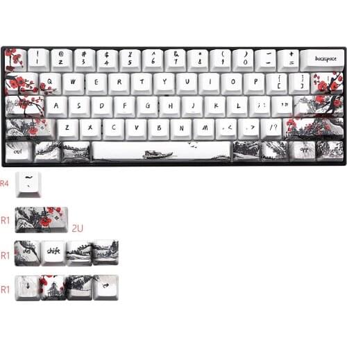 71 Keys Plum Blossom Keycap Set OEM Profile PBT Five-sided Sublimation Keycaps for DZ60 GK64 Anne Pro Mechanical Keyboards