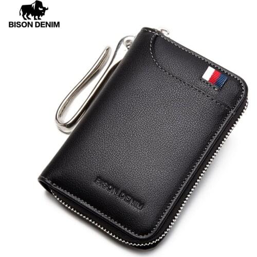 Bison Denim New business mens Car Key Case Genuine Leather Key Wallet Male Card Keychain Cover Zipper Card Holder Key Organizer