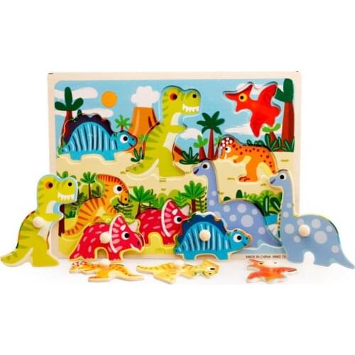 Unisex Cartoon Traffic Dinosaur Wooden Jigsaw Puzzle Board Kids Educational Toy