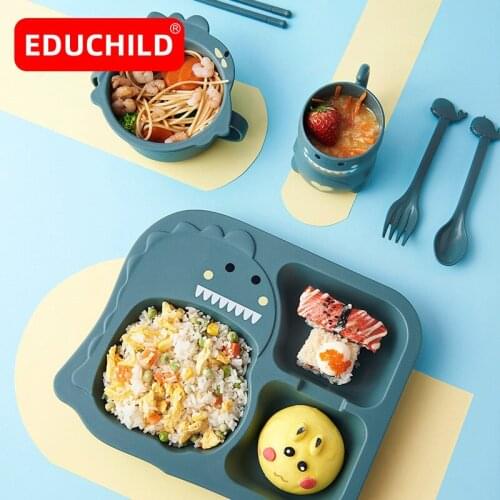 Educhild 6Pcs/ Set Kids Dishes Baby Wheat Straw Cartoon Tableware Set Baby Eco-friendly Feeding Plate Training Bowl Spoon Fork