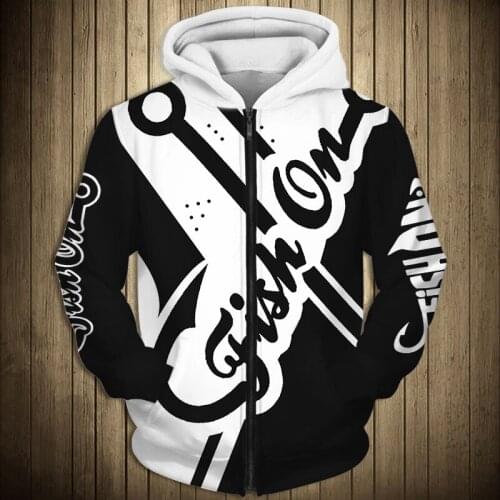 Graffiti fish hook letter printing black and white stitching mens casual zipper hooded sweatshirt