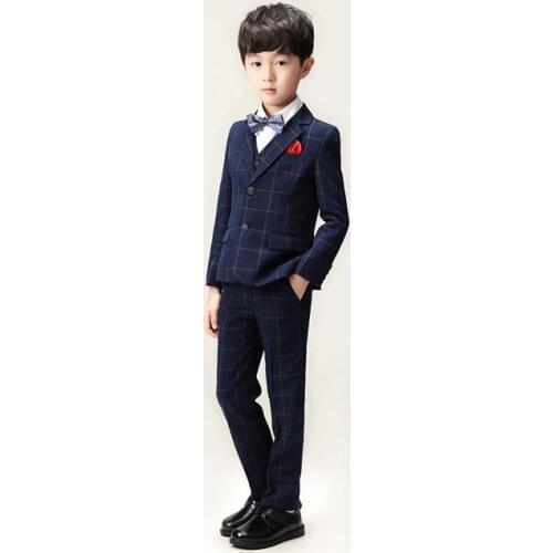 Stage Performance Boys Formal Wear 3 Piece Sets Plaid Single Breasted Blazer Jackets+Vests+Pants Wedding Suits Kids Outfit 2-13T