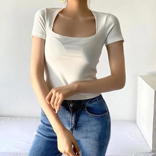 2021 summer Women short T Shirt Mujer short Sleeve top Slim fashion Blusas Square Collar tees Female versatile Solid Pullovers