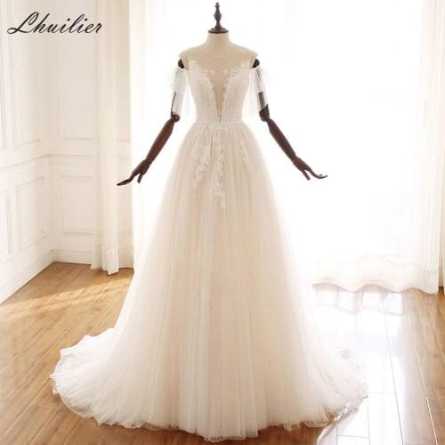 Lhuilier Elegant A-line Illusion Neck Lace Wedding Dresses Floor Length Backless Short Sleeves Pleated Appliques Bridal Dresses