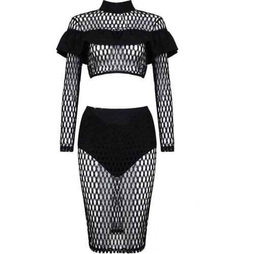 Fashion Sexy Flared Embellished Net Hollow Out Two Pieces Wholesale Women Bodycon Celebrity Bandage Party Dress