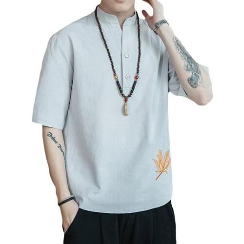 Chinese style mens summer antique blouse Tang suit male youth Buddhism costumes tea service retro lay clothing t-shirt 5XL