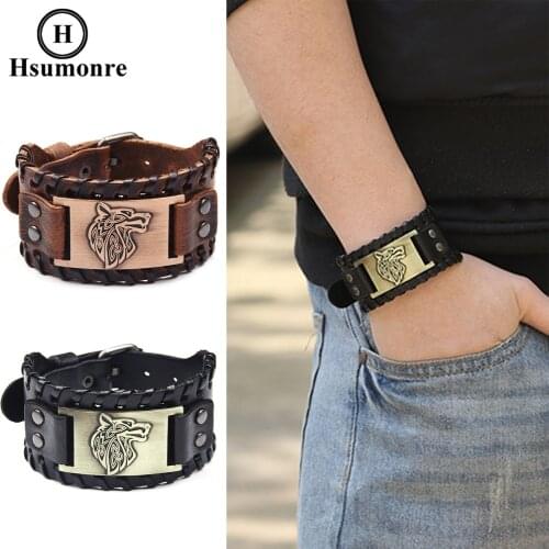 Men Leather Wrap Bracelets Wide Wolf Head Print Retro Genuine Leather Braided Handmade Black Adjustable Wristbands Retro Style