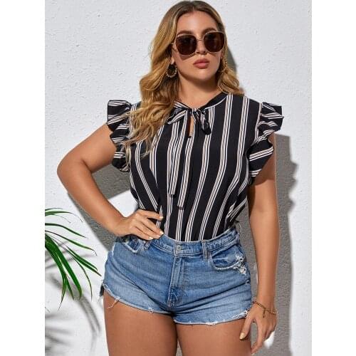 Large size short sleeve T-shirt black and white stripe lotus sleeve casual womens blouse V neck