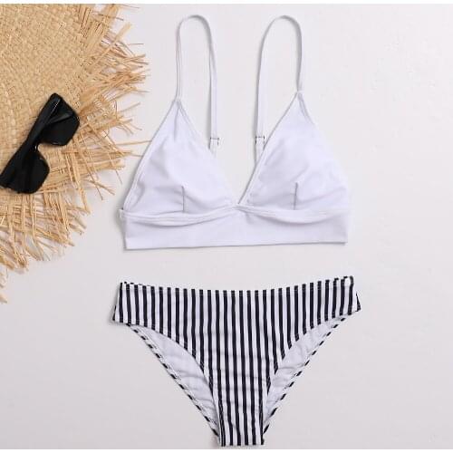 Solid White Top Bikini Set Print Striped Swimsuit Women Sexy Micro Swimwear Brazil Beach Biquini Sexy Micro Bathing Suit
