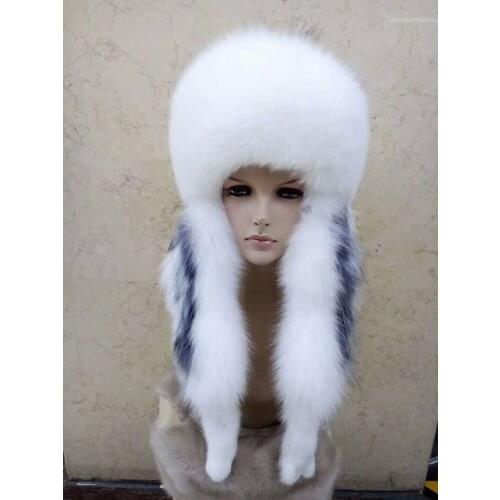 New Design Fox Fur Hats with Rex Rabbit Fur Tops Fur Scarf Style Earmuff Bomber Hats Winter Supre Warm Headwear