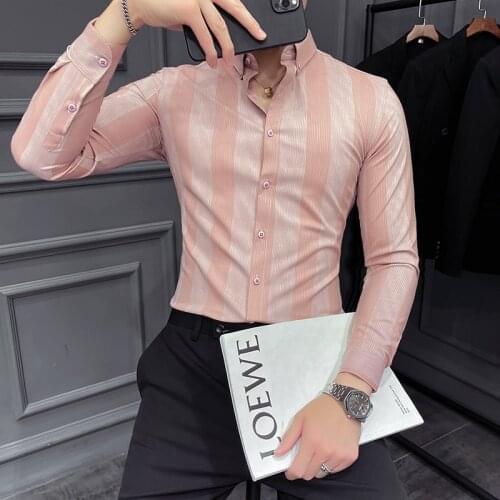 Autumn New Striped Long Sleeve Shirt Mens Korean Slim Business Dress Shirts Casual Streetwear Social Party Tuxedo Chemise Homme