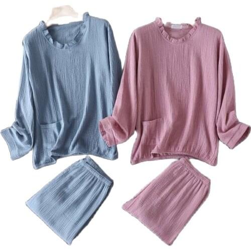 Autumn Water Texture Crepe Gauze Pajama Set Women Lace V-neck Womens Pajamas Long Sleeve Solid Sleepwear 2 Piece Set Nightwear