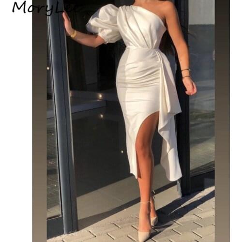 Prom Dresses Sexy One Shoulder Knee Length Side Slit Spandex Satin Prom Dresses With Zipper Back vestidos de fiesta de noche