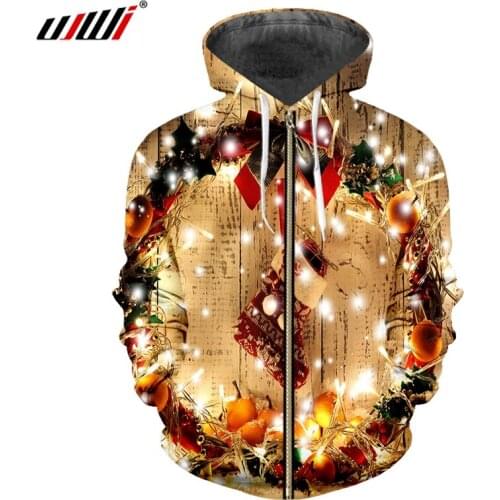 UJWI Mens Hoodie Casual Christmas 3d Print Long Sleeve Zip Hooded Hoodies Men Hooded Sweatshirt Pullover Hoody Male Clothing