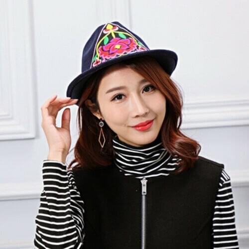 Handmade Woman Embroidered Imitation Wool Fedora Woman Derby Bowler Jazz Hat
