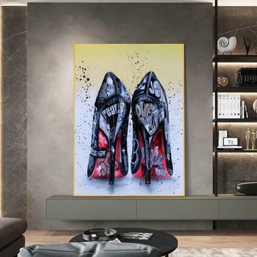 Women Black High Heels Shoes Graffiti Art Canvas Painting on The Wall Graffiti Posters Prints Wall Picture for Living Room Decor