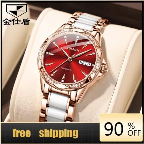 Womens mechanical clock JSDUN womans watch with ceramic belt in stainless steel gold rose watch automatic womans luxury watch