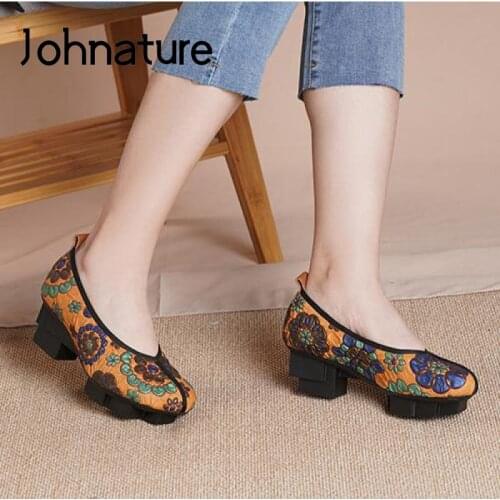 Johnature Pumps Women Shoes Strange Style Genuine Leather Mixed Colors Retro 2021 New Spring/Autumn Handmade Ladies Shoes