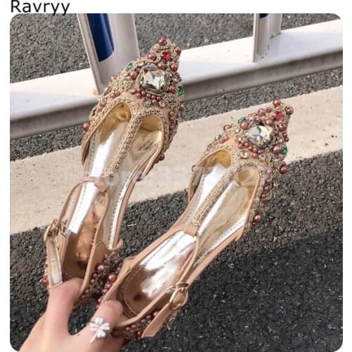 String bead decor Woman party dress shoes luxury crystal Pointed Toe single shoes ankle buckle female casual shoes out fits