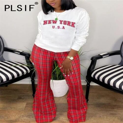 Women O Neck Plaid Print Tracksuit Ladies Full Sleeve 2 Pieces Clothes Suit Two Pieces Matching Suit