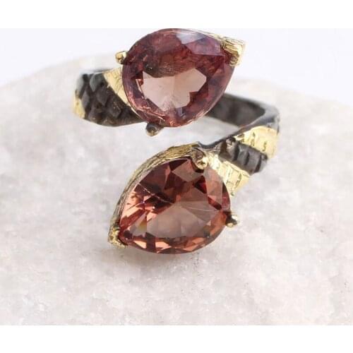 Teardrop Cut Two Sultanite Womens Gold Plated Silver Ring, Woman 925 Silver Sultanite Handmade Ring, Colorchancing Sultanite