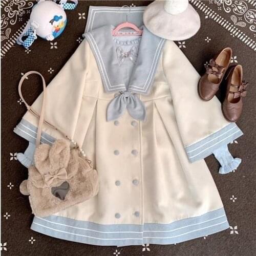 2021 Japanese Girl Sweet Style Patchwork Woolen Coat Cute Woolen Jacket Winter Female Cashmere
