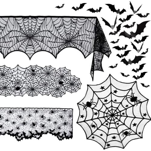 5 Pack Hallowen Spider Tablecloth Black Lace Cobweb Fireplace Cover Table Runner for Halloween Home Event Party Decoration Props