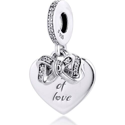 Bow Love Heart Dangle Charm Christmas Gift Family Jewelry Components 100% Real S925 Sterling Silver Charms for Jewelry Making