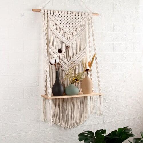 Bohemian Hand-Woven Macrame Wall Hanging Rope Shelf Indoor Plant Wooden Rack Stand Bohemian Macrame Tapestry Home Decor Ornament