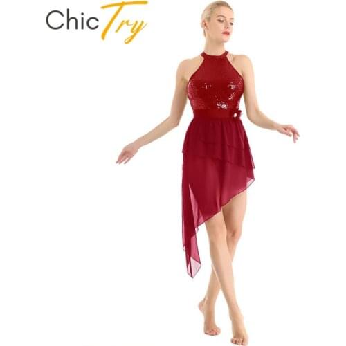 ChicTry Adult Sequins Asymmetrical Chiffon Women Ballet Dress Gymnastics Leotard Performance Contemporary Lyrical Dance Costumes