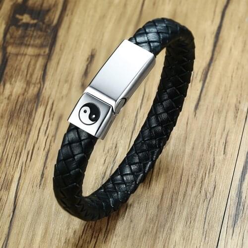 Yin Yang Braided Black Leather Bracelet with Stainless Steel Clasp Martial Arts Gifts Yin Yang Symbol Cuff
