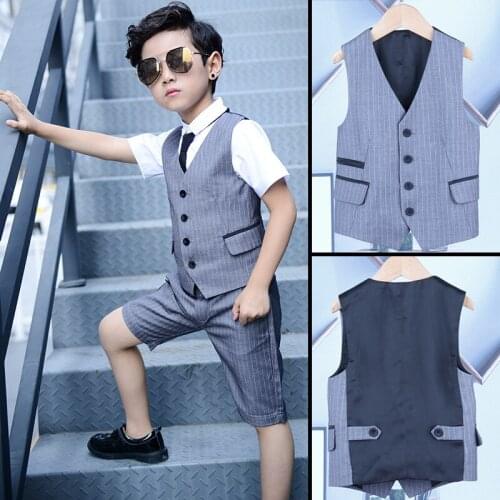 Flower Boys Summer Vest Dress Suit Sets Children Wedding Party Performance Costume Kids Short-sleeved Shirts Pants Vest Outfits