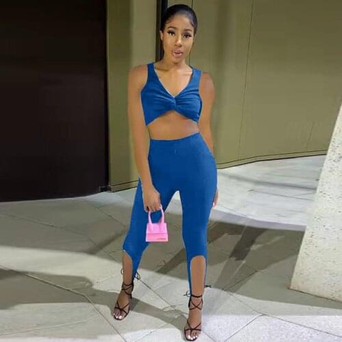 Red/black/blue Cross Knot Sleeveless Super-short Crop Top and Skinny Legging for Women Sexy Summer Party Clubwear 2 Piece Sets