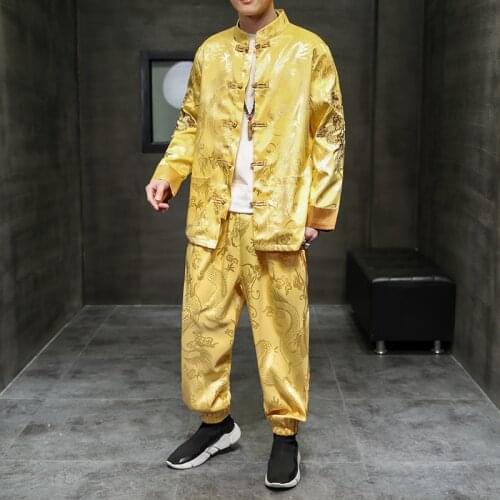 Fashionable Trendy Stylish Chinese Style Satin Jacquard Tang Suits Gold Black Dragon Embroidery Buckle Hanfu Kung Fu Sets Luxury