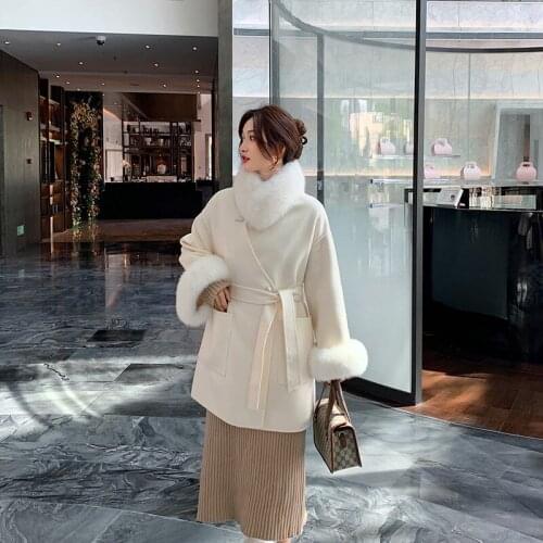 Autumn Winter Female Long Slanting Lapel Water Ripple Wool Coat with real fox fur collar cuffs 2020 Winter Women outwear