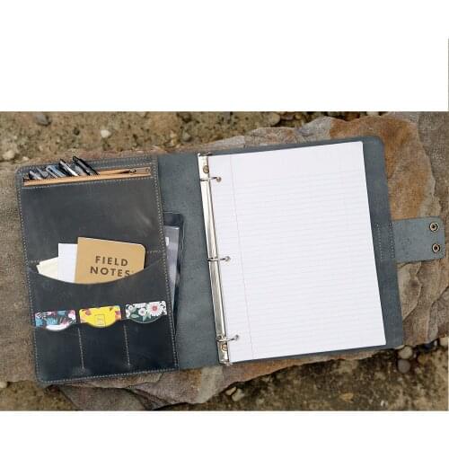 Personalized gray leather 3 ring binder , grey leather business portfolio case, work portfolio cover letter
