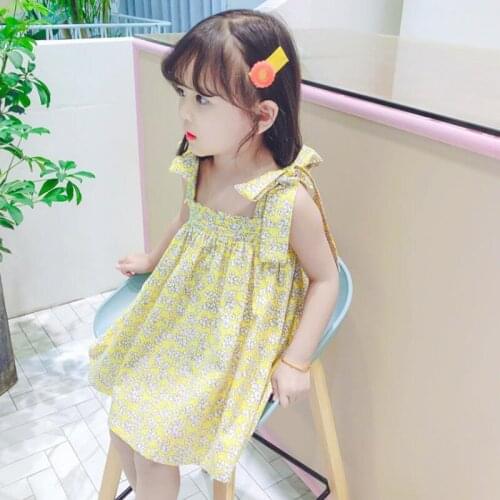 DFXD Toddler Clothes Girls Bow Sling Dress Summer Style Floral Print Korean Princess Dress Baby Cotton Clothing 1-7T Vestidos