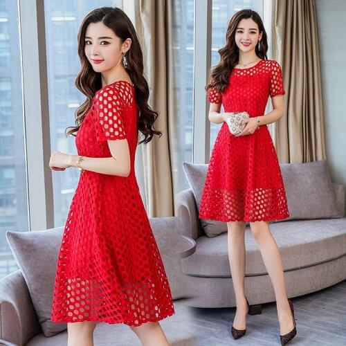 Summer Hollow Out Solid Color Short Sleeve Round Neck High Waist A-line Knee Length Dress For Women Elegant Slim Party Dresses