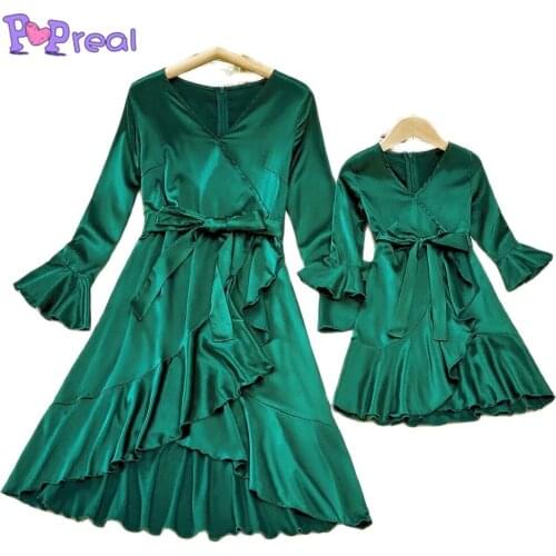 PopReal Mom And Daughter Skirt Parent-Child Outfit Family Matching Outfits Mini Mother Dress Solid Lrregular Hem Flared Sleeves